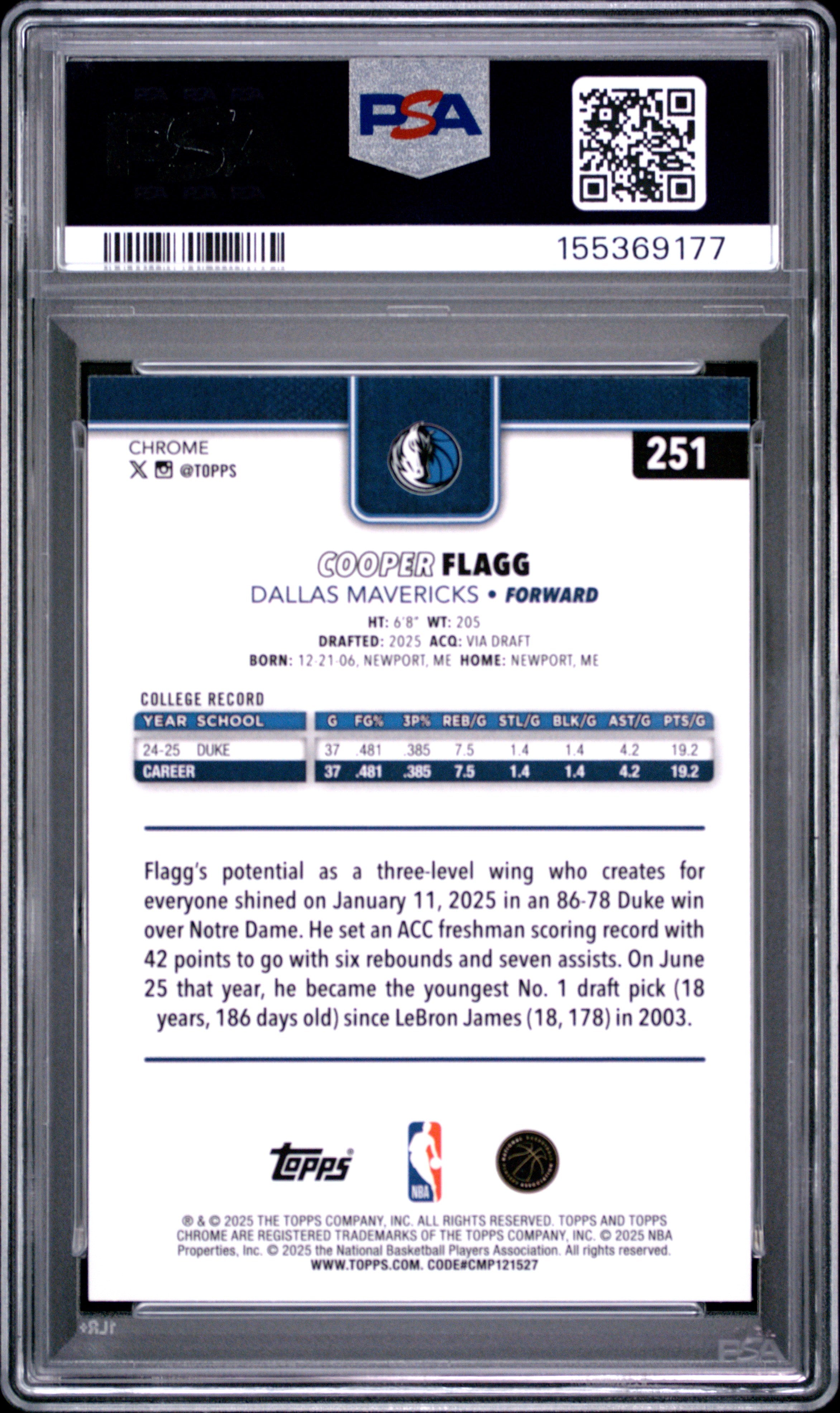 2025 Topps Chrome Cooper Flagg #251 PSA 10