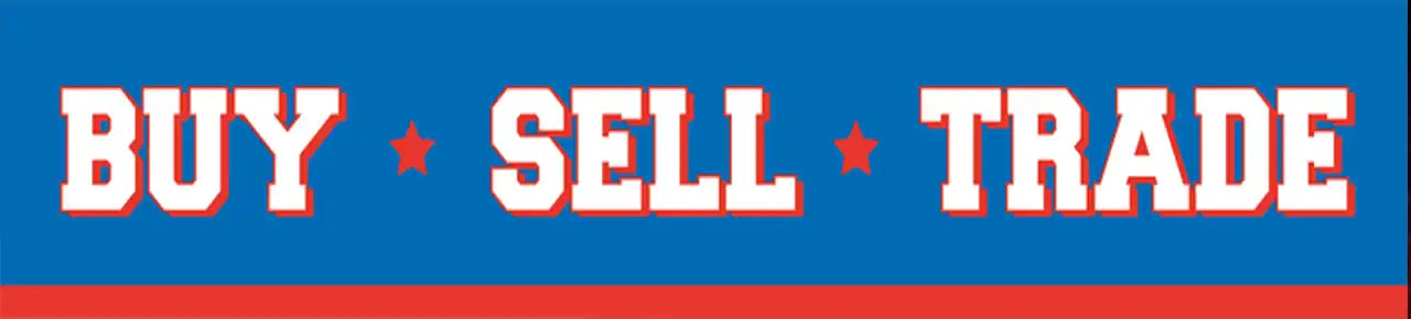 A banner for a business that buys, sells, and trades items.