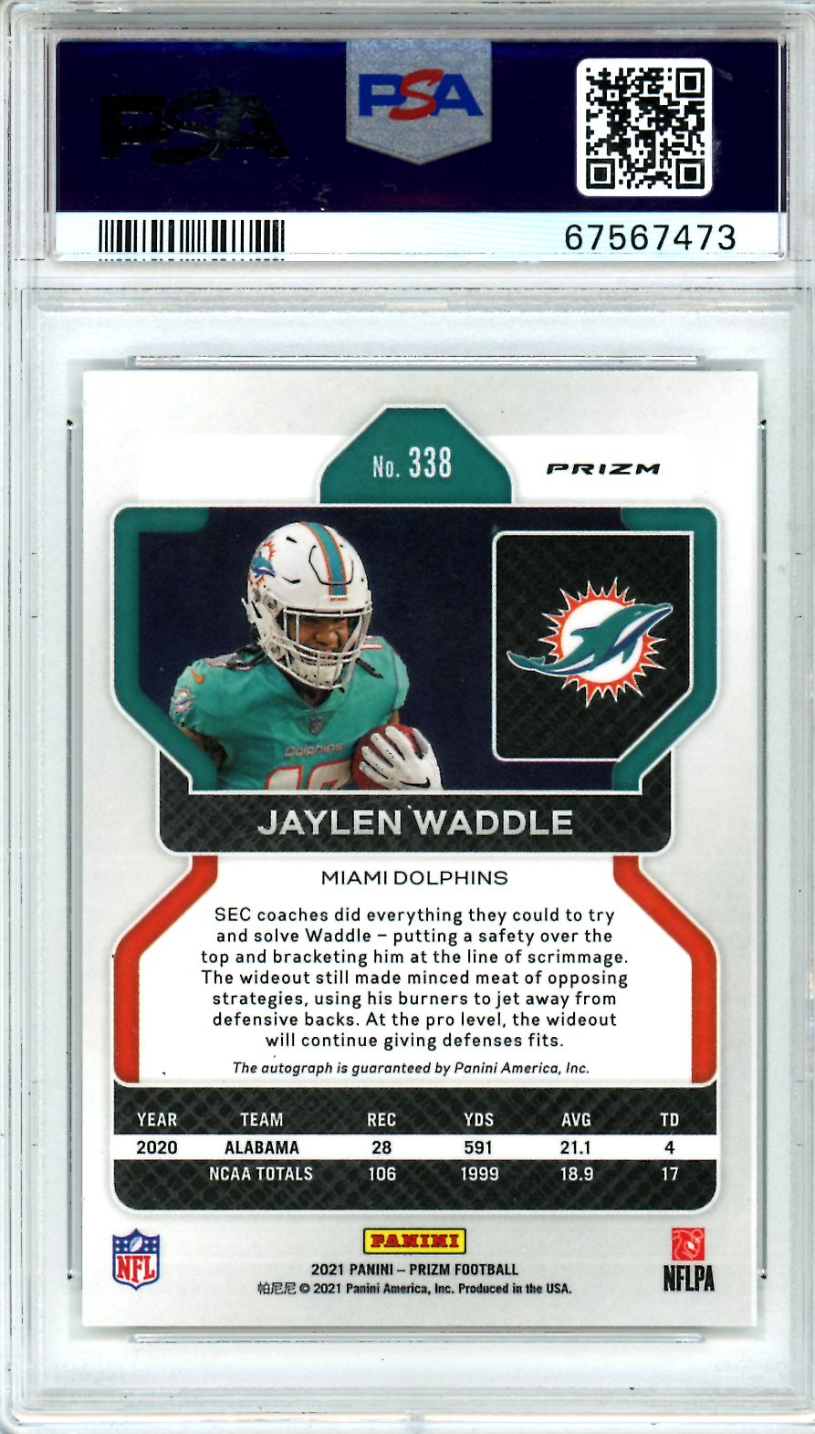 2021 Panini Prizm Jaylen Waddle Autograph #338 PSA 9