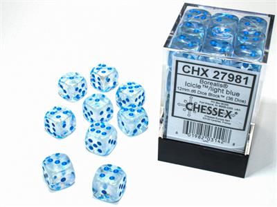 Borealis 12mm d6 Icicle/light blue Luminary Dice Block (36 dice) CHX27981 - Dice Sets & Games