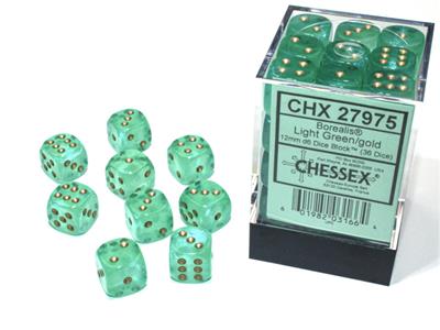 Borealis 12mm d6 Light Green/gold Luminary Dice Block (36 dice) CHX27975 - Dice Sets & Games