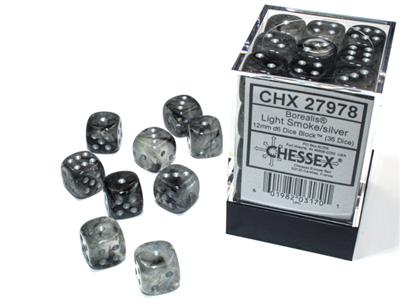 Borealis 12mm d6 Light Smoke/silver Luminary Dice Block™ (36 dice) CHX27978 - Dice Sets & Games