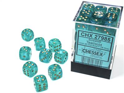 Borealis 12mm d6 Teal/gold Luminary Dice Block (36 dice) CHX27985 - Dice Sets & Games
