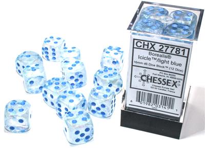 Borealis 16mm d6 Icicle/light blue Luminary Dice Block (12 dice) CHX27781 - Dice Sets & Games