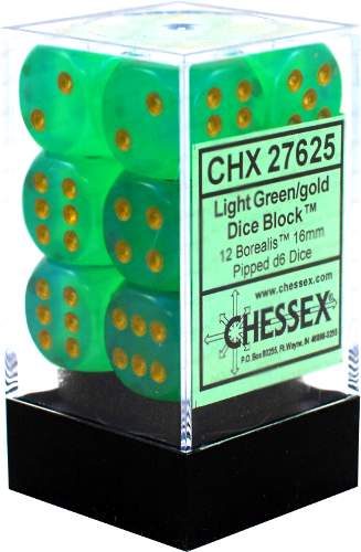 Borealis 16mm d6 Light Green/gold Dice Block (12 dice) CHX27625 - Dice Sets & Games