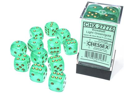 Borealis 16mm d6 Light Green/gold Luminary Dice Block (12 dice) CHX27775 - Dice Sets & Games