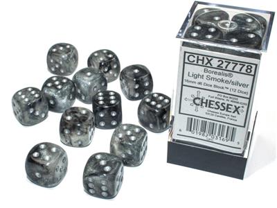 Borealis 16mm d6 Light Smoke/silver Luminary Dice Block (12 dice) CHX27778 - Dice Sets & Games