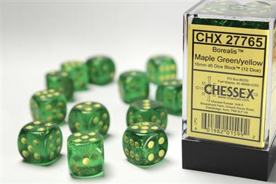 Borealis 16mm d6 Maple Green/yellow Dice Block (12 dice) CHX27765 - Dice Sets & Games