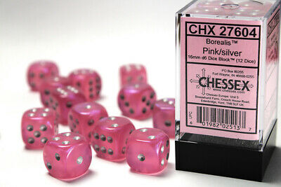 Borealis 16mm d6 Pink w/silver Dice Block (12 dice) CHX27604 - Dice Sets & Games