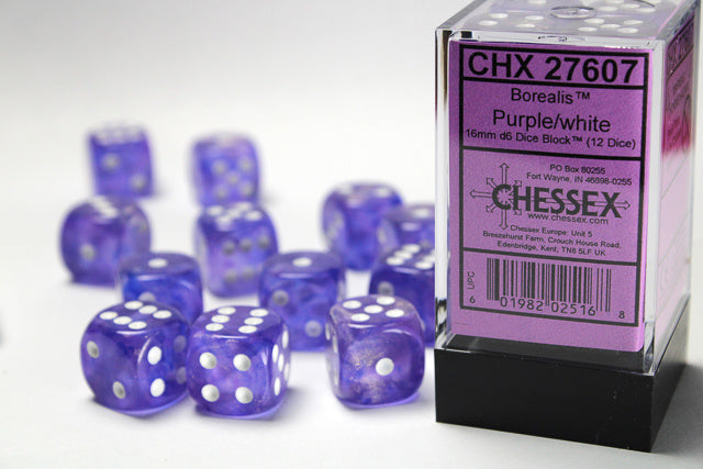 Borealis 16mm d6 Purple/white Dice Block (12 dice) CHX27607 - Dice Sets & Games