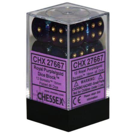 Borealis 16mm d6 Royal Purple/gold Dice Block (12 dice) CHX27667 - Dice Sets & Games
