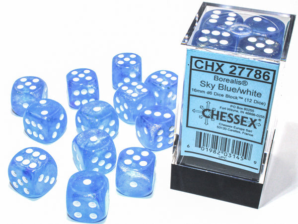 Borealis 16mm d6 Sky Blue/white Dice Block (12 dice) CHX27626 - Dice Sets & Games