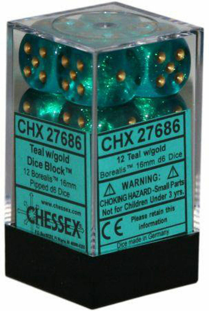 Borealis 16mm d6 Teal/gold Dice Block (12 dice) CHX27686 - Dice Sets & Games