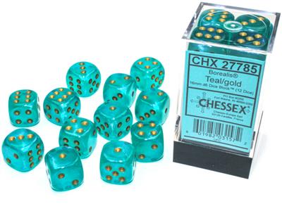 Borealis 16mm d6 Teal/gold Luminary Dice Block (12 dice) CHX27785 - Dice Sets & Games