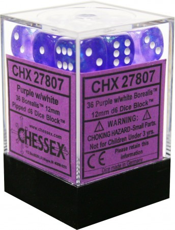 Borealis®12mm d6 Purple/white Dice Block™ (36 dice) CHX27807 - Dice Sets & Games