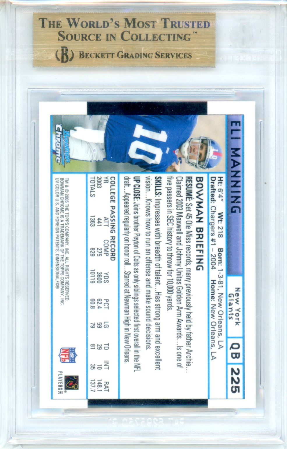 Bowman Chrome Super Bowl XXXIX Unsigned Eli Manning BGS 9.5 GEM MINT Rookie Card - Graded Sports Cards