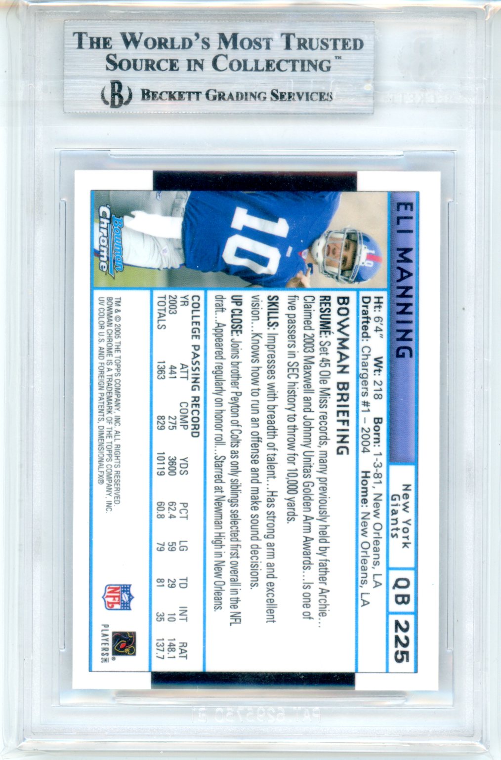 Bowman Chrome Super Bowl XXXIX Unsigned Eli Manning BGS 9 MINT Rookie Card Giant - Graded Sports Cards
