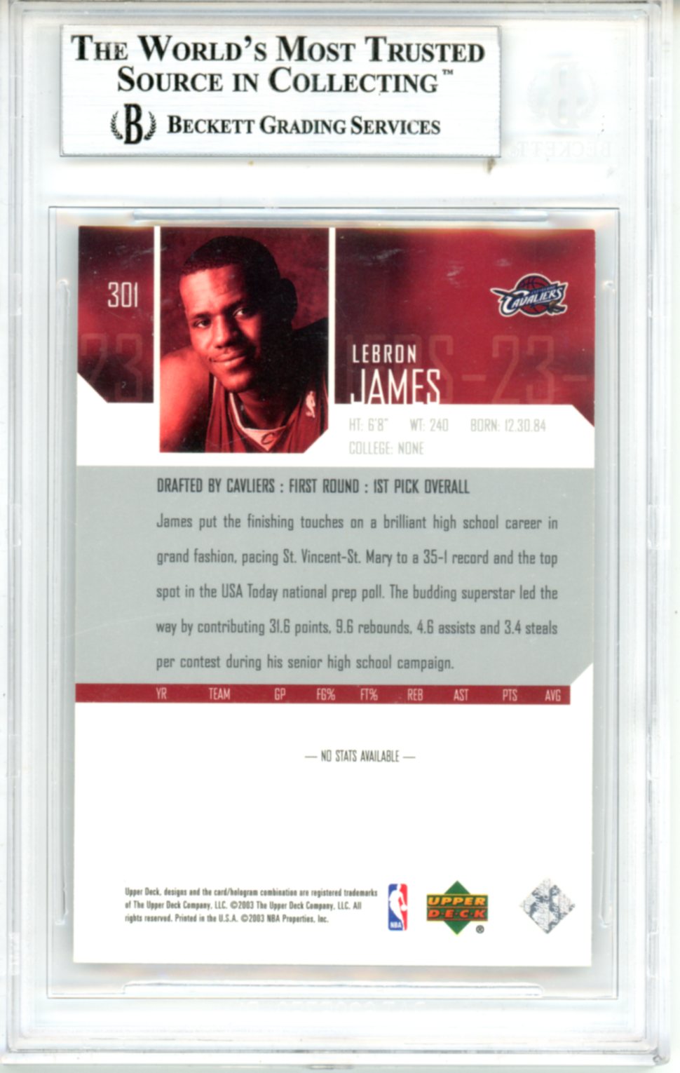 2003 Upper Deck LeBron James Rookie #301 BGS 9