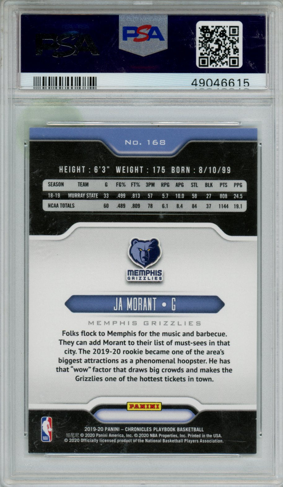 2019 Panini Chronicles Ja Morant Rookie #168 PSA 9 Memphis Grizzlies