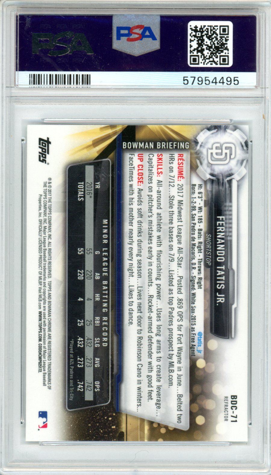 2017 Bowman Draft Fernando Tatis JR. Chrome Refractor #BDC71 PSA 9