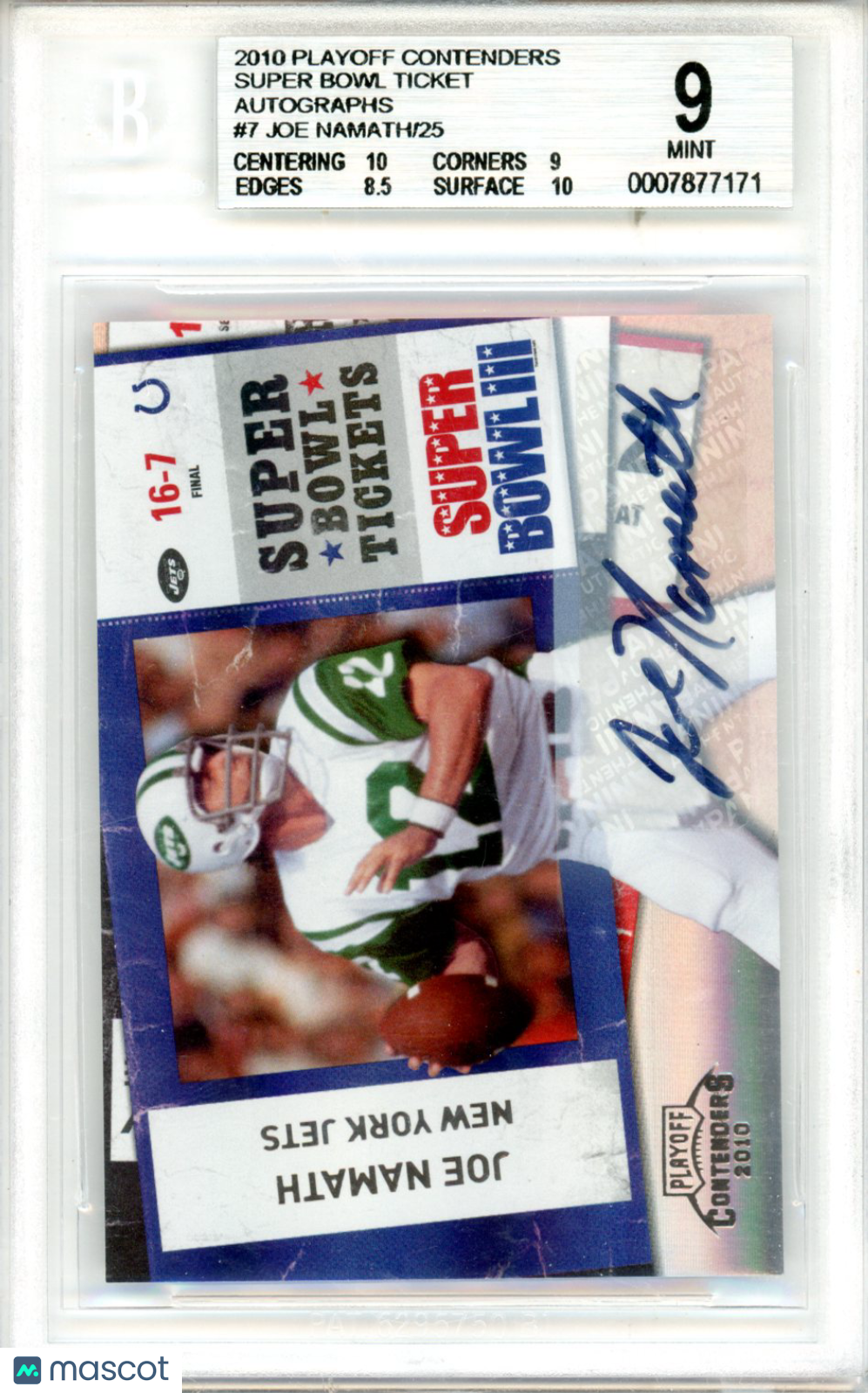 2010 Playoff Contenders Super Bowl Ticket Autographs Joe Namath #7 BGS 9