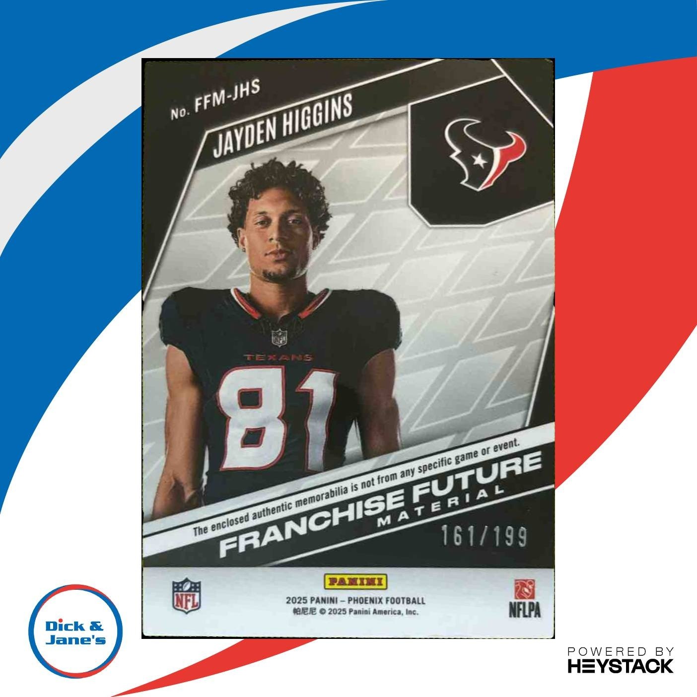 2025 Phoenix Jayden Higgins Franchise Future Material Blue /199 MEM RC Texans - Sports Cards