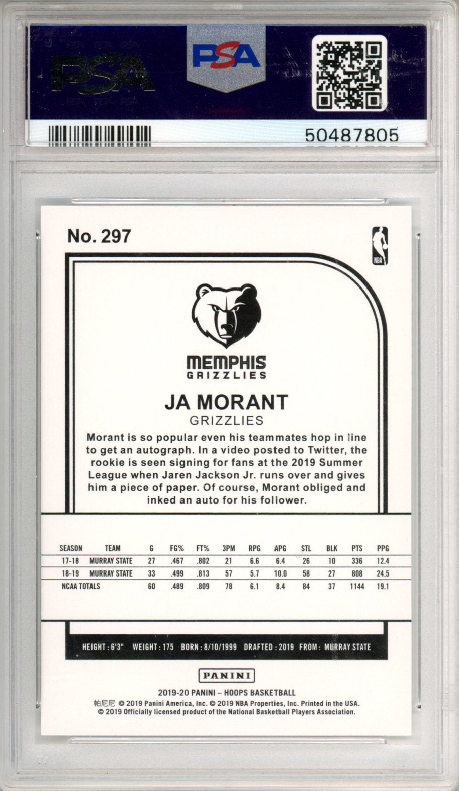2019 Panini Hoops Ja Morant Rookie #297 PSA 10 Memphis Grizzlies