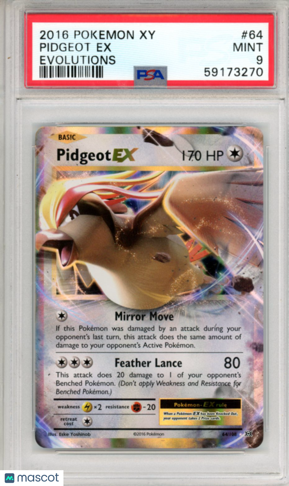 2016 Pokemon XY Evolutions Pidgeot EX #64 PSA 9 MINT