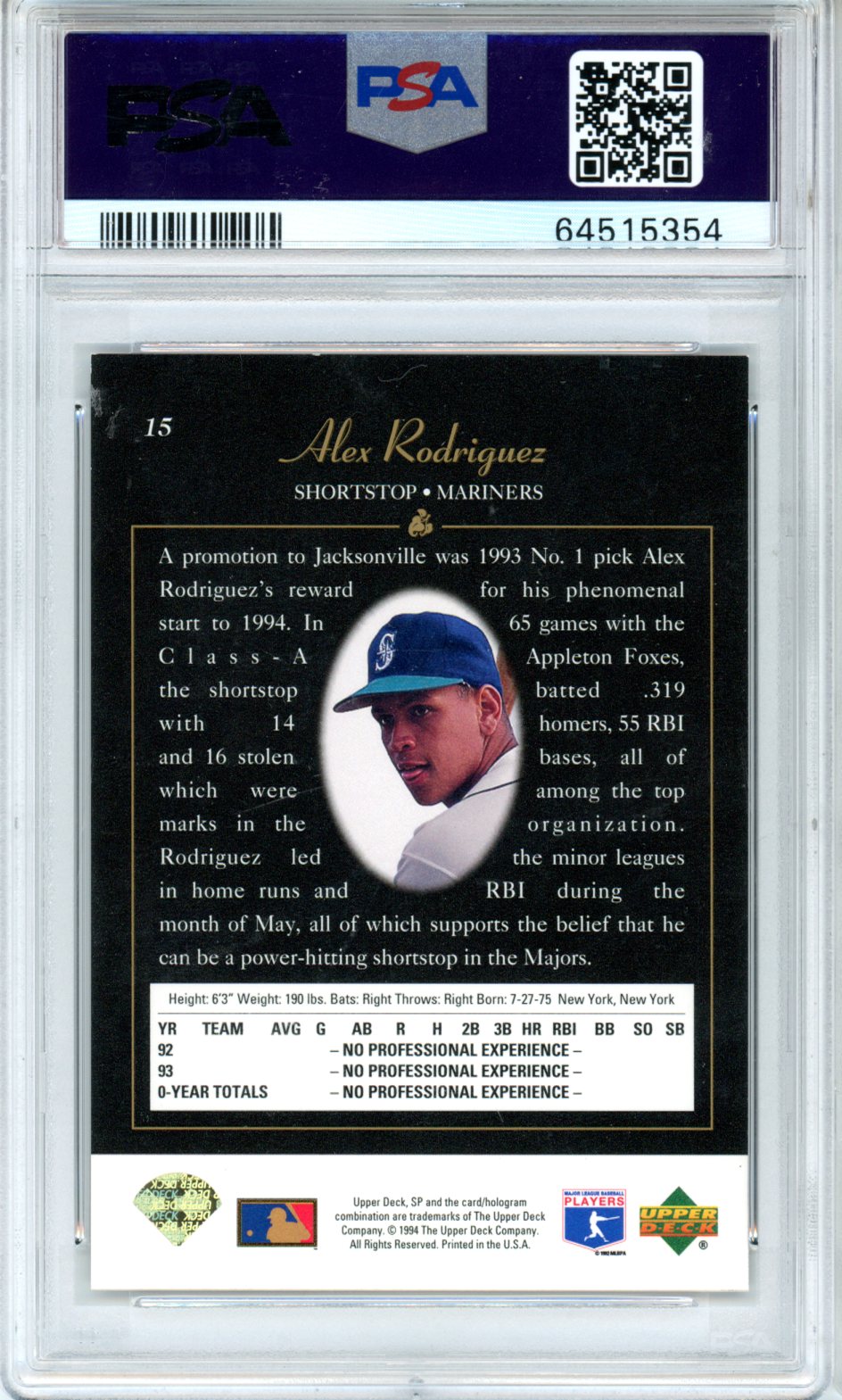1994 SP Alex Rodriguez Foil Rookie #15 PSA 8 Seattle Mariners