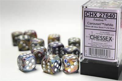 Festive 16mm d6 Carousel/white Dice Block (12 dice) CHX27640 - Dice Sets & Games
