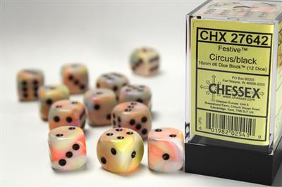 Festive 16mm d6 Circus/black Dice Block (12 dice) CHX27642 - Dice Sets & Games