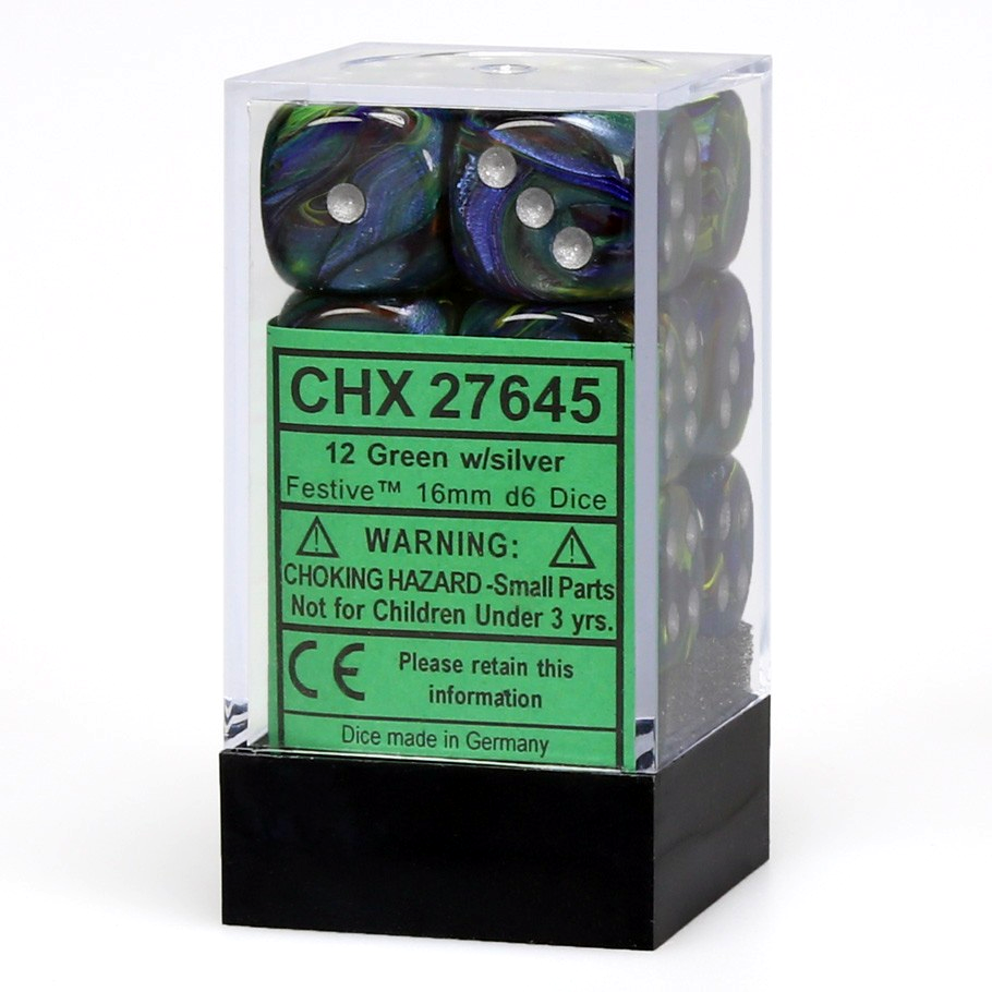 Festive 16mm d6 Green/silver Dice Block (12 dice) CHX27645 - Dice Sets & Games