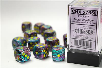 Festive 16mm d6 Mosaic/yellow Dice Block (12 dice) CHX27650 - Dice Sets & Games