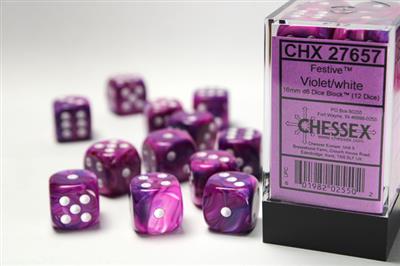 Festive 16mm d6 Violet/white Dice Block (12 dice) CHX27657 - Dice Sets & Games