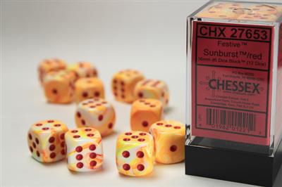 Festive 16mm d6 w/pips Sunburst w/red Dice Block (12 dice) CHX27653 - Dice Sets & Games