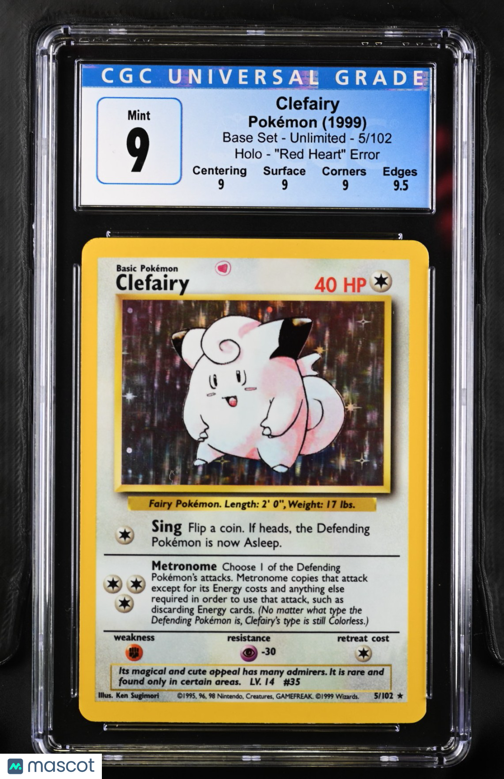 1999 Pokémon Base Set Red Heart Error Clefairy #5/102 English CGC 9 MINT