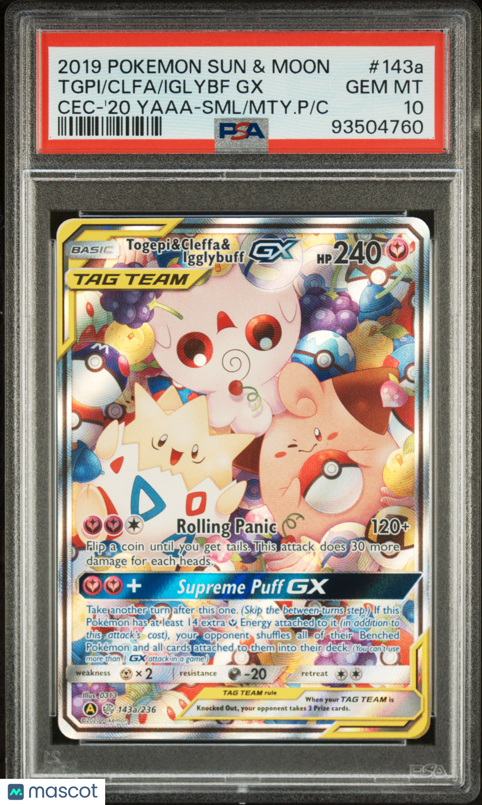 2019 Pokemon SM Cosmic Eclipse Tag Team Togepi Cleffa Iggybuff #143a PSA 10