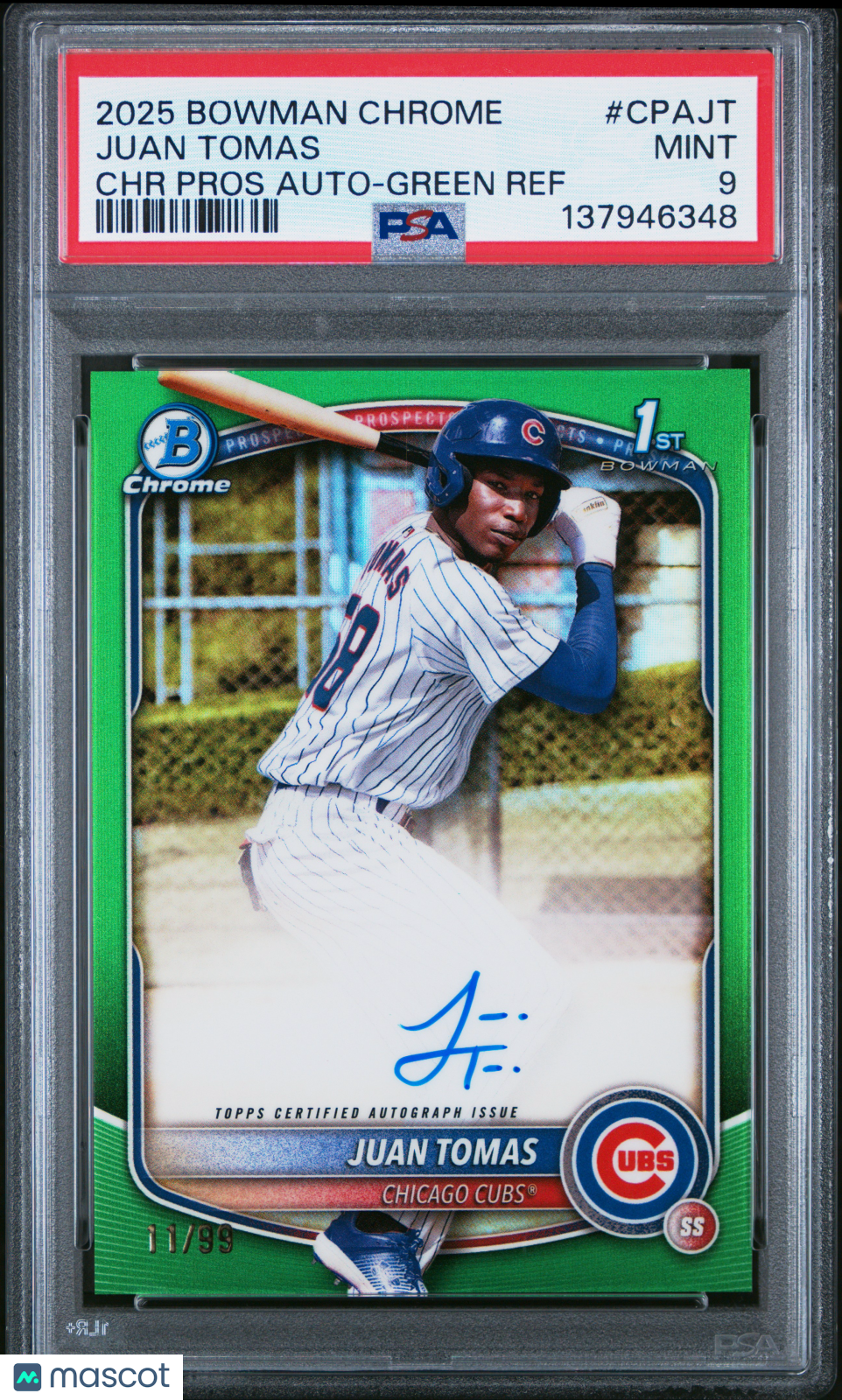 2025 Bowman Chrome Prospect Autographs Juan Tomas Green Ref /99 PSA 9 MINT
