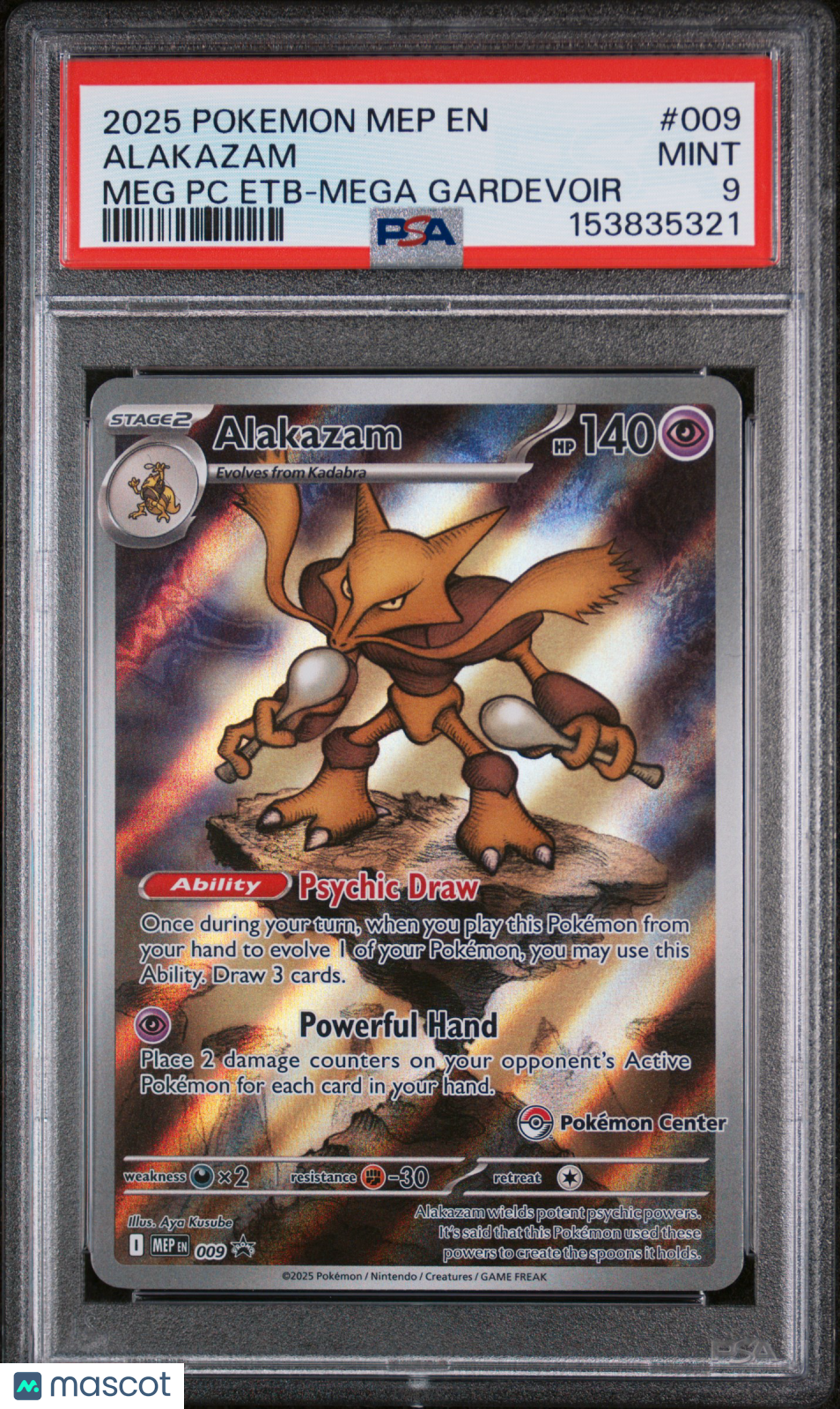 2025 Pokemon ME Black Star Promo Alakazam #009 Meg PC Etb-Mega Gardevoir PSA 9