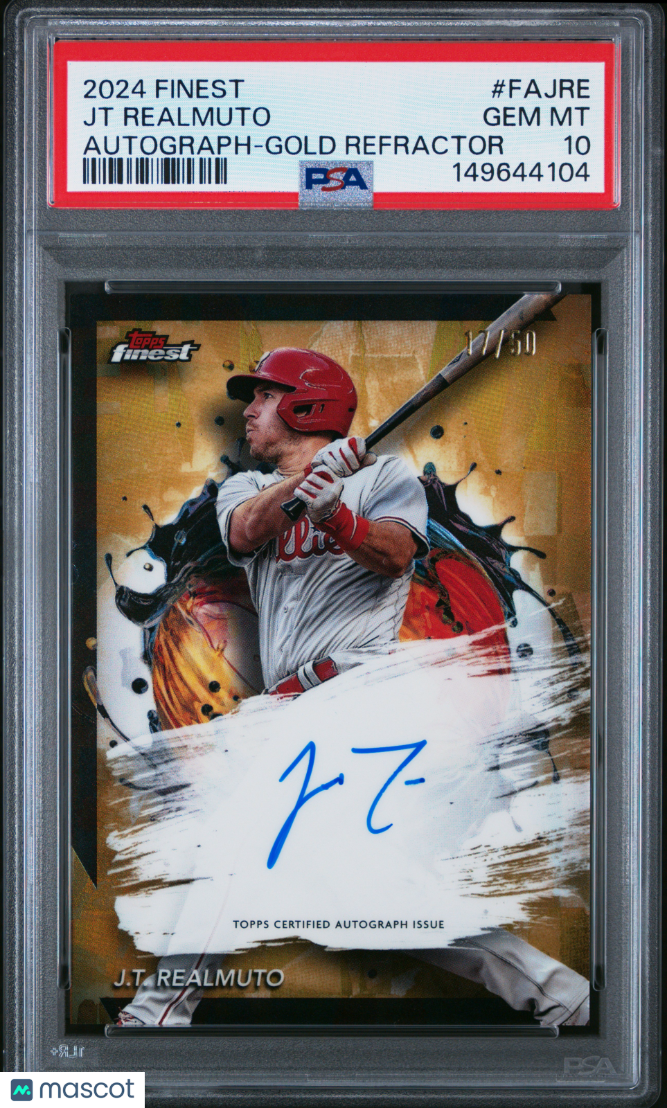 2024 Topps Finest Autographs JT Realmuto Gold Refractor 17/50 #FAJRE PSA 10