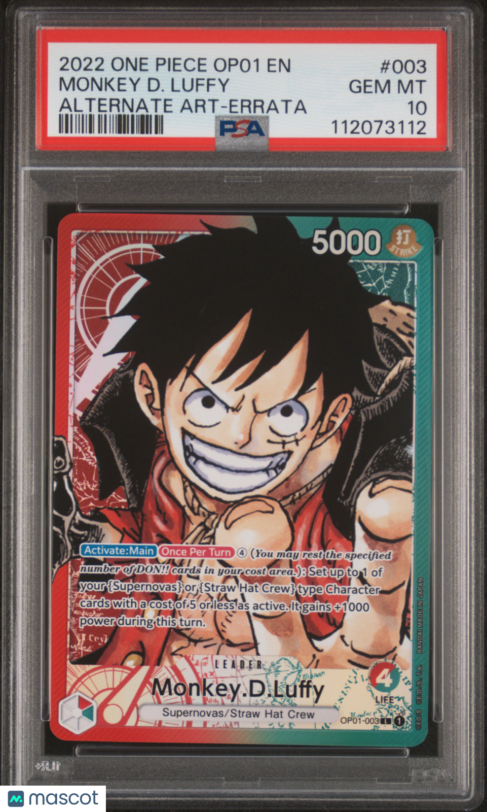 2022 One Piece Op01-Romance Dawn Monkey D. Luffy #003 Alt Art-Errata PSA 10