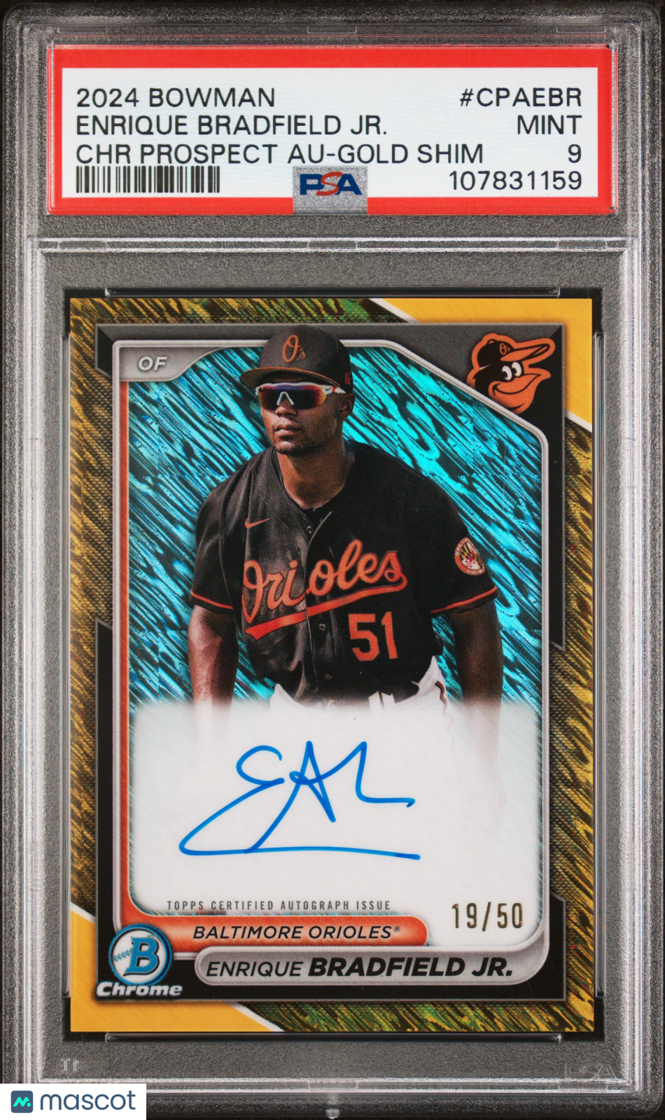2024 Bowman Chrome Prospect Autographs Enrique Bradfield JR. Gold Shim 19/50 #CPAEBR PSA 9