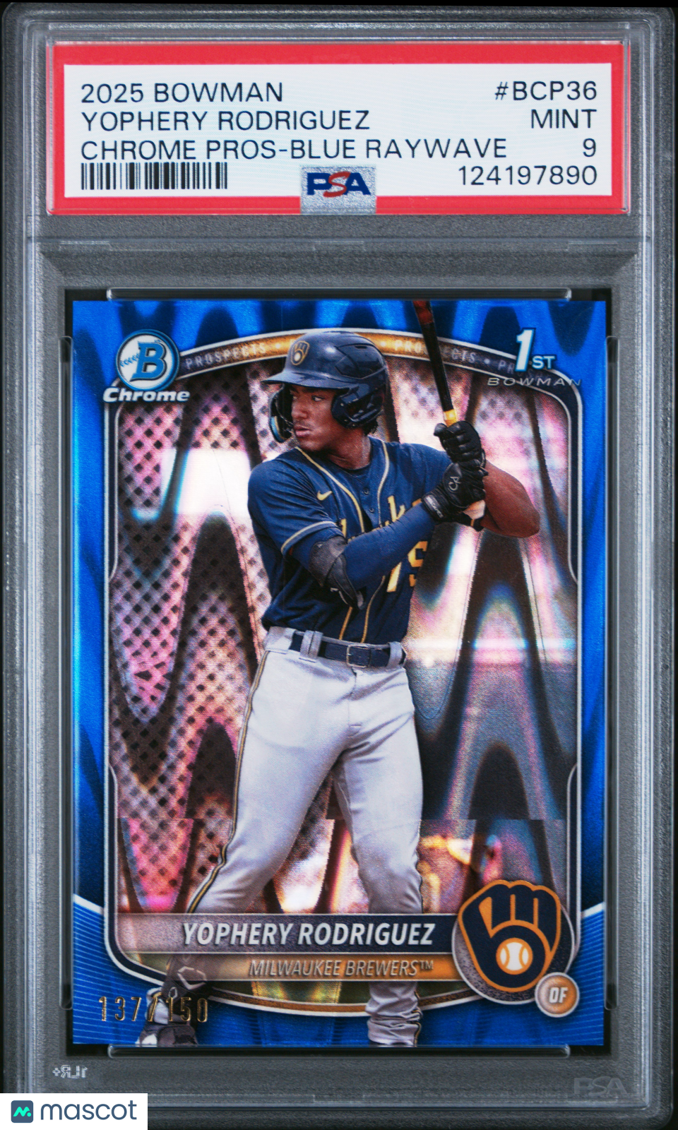 2025 Bowman Chrome Prospects Yophery Rodriguez Blue Raywave #BCP36 PSA 9