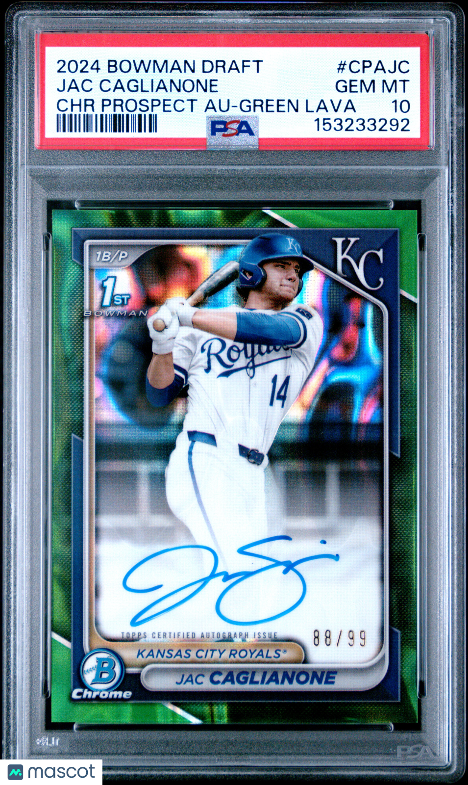 2024 Bowman Draft Chrome 1st Prospect Auto Jac Caglianone Green Lava /99 PSA 10