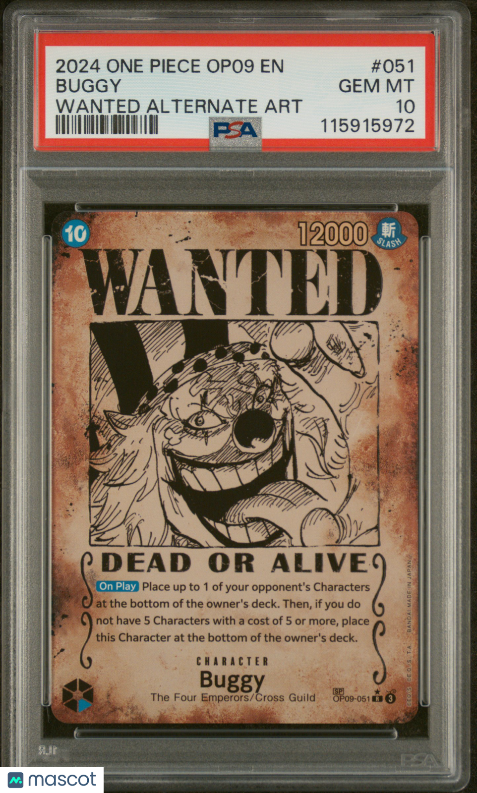 2024 One Piece Op09-Emperors In The New World Buggy #051 Wanted Alt Art PSA 10