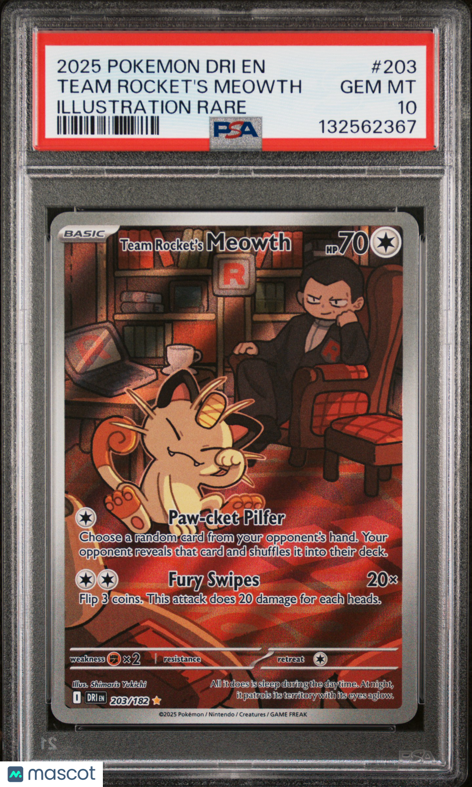 2025 Pokemon Dri EN-Team Rocket's Meowth #203 Illustration Rare PSA 10