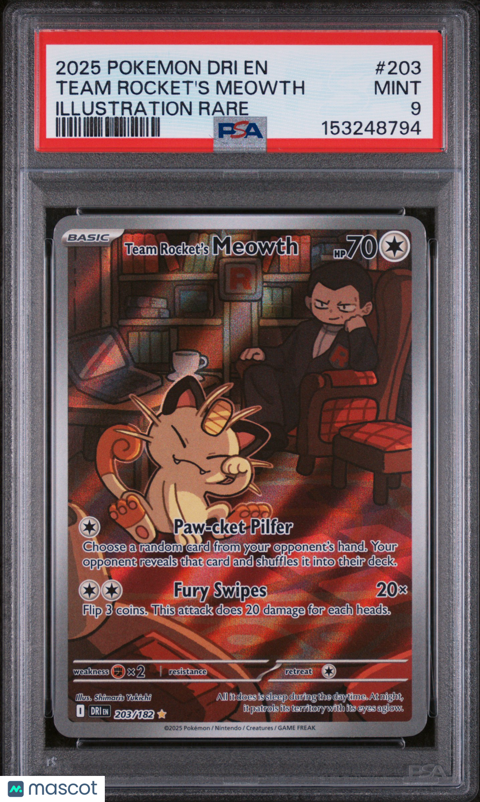 2025 Pokemon Destined Rivals Team Rocket's Meowth #203 Illustration Ra