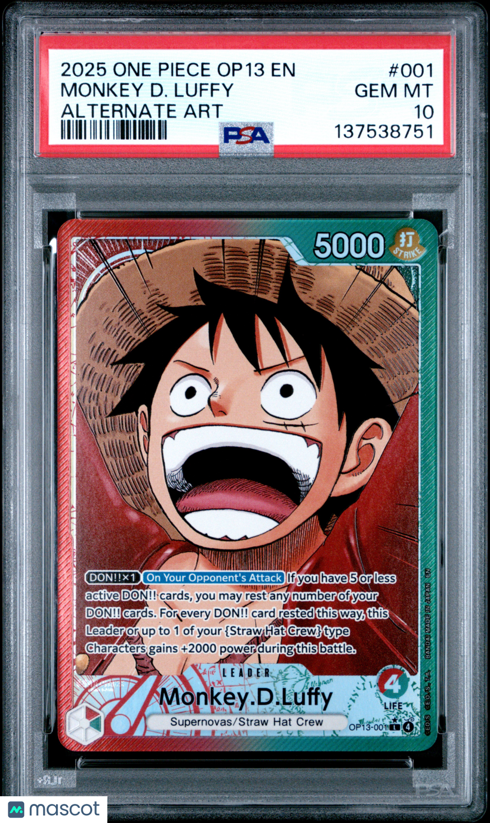 2025 One Piece Op13-Carrying On His Will Monkey D. Luffy #001 Alt Art PSA 10