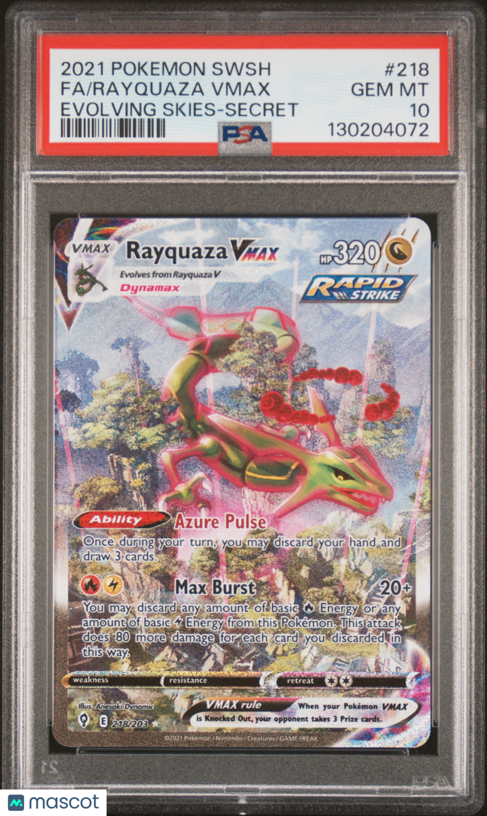 2021 Pokemon Sword & Shield Evolving Skies Rayquaza VMAX #218 PSA 10