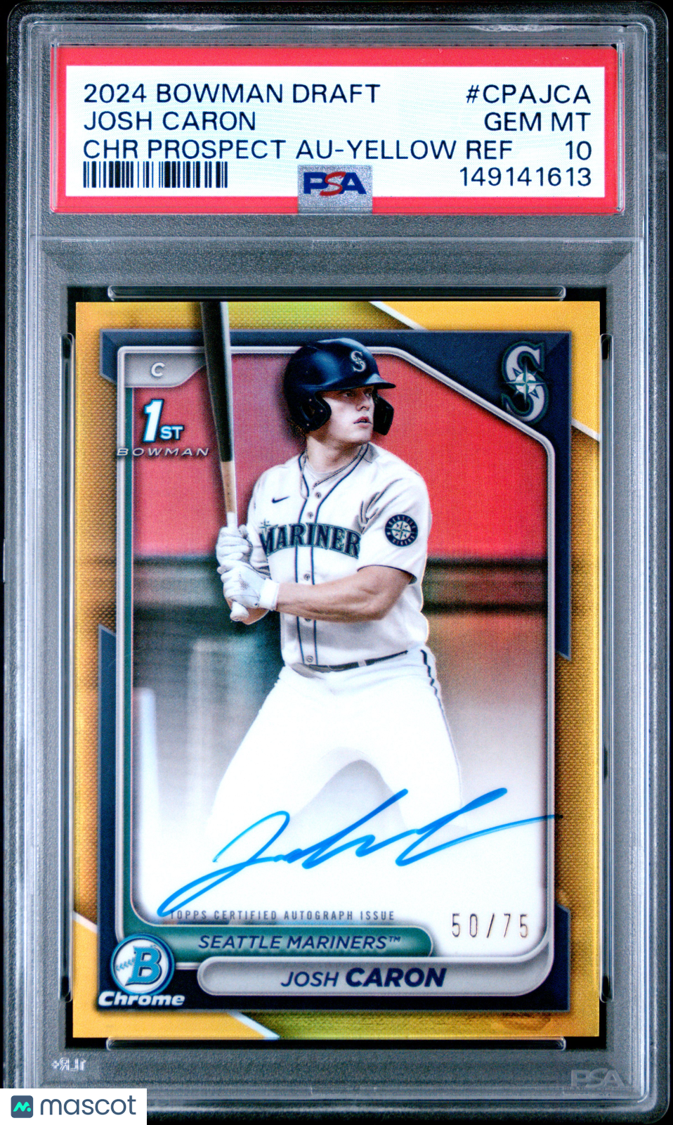 2024 Bowman Draft Chrome Prospect Autographs Josh Caron Yellow Ref 50/75 PSA 10